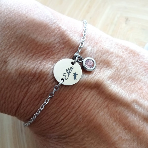 Bracelet personnalisé acier, médaille à graver, pierre de naissance, bijou personnalisé, cadeau personnalisé, cadeau maman, bijou à offrir