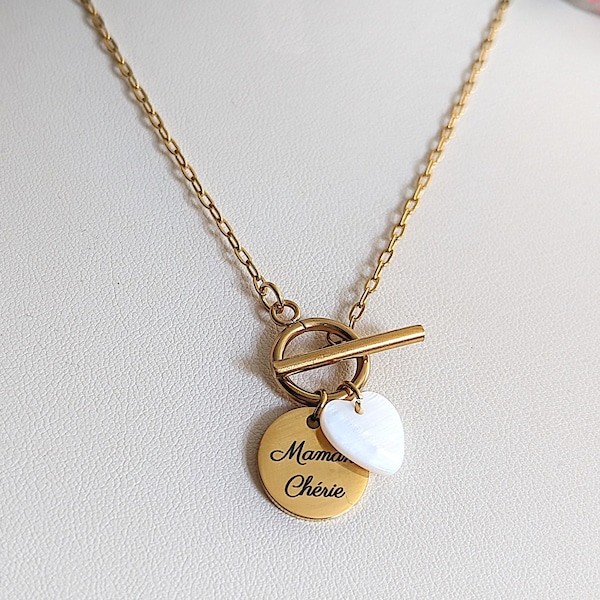 Collier personnalisé médaille à graver en acier et nacre, bijou femme personnalisé, cadeau maman, naissance, saint valentin, noël