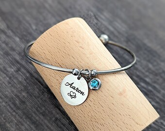 Personalized steel bangle bracelet, medal to engrave, birthstone, personalized jewel