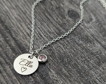 Personalized medal necklace to engrave in silver steel, birthstone, women's jewelry, mother's gift, birth, Valentine's Day