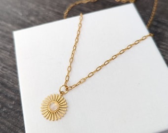Gold stainless steel necklace, sun pendant with moonstone