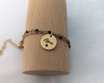 Personalized gold bracelet medal to engrave, black enamelled chain, first name bracelet, personalized jewel, gift Mom, gift Mother's Day gift