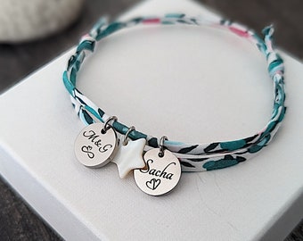 Pulsera cordón liberty personalizada medalla para grabar y nácar, pulsera nombre, joyería mujer, regalo mamá, regalo navidad, joyería personalizada