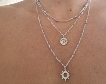 Collier femme multirang acier inoxydable argent, collier breloque soleil