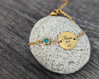 Bracelet personnalisé médaille à graver acier et pierre de naissance, bijou personnalisé, cadeau maman, marraine, maîtresse, naissance, noël