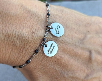Personalized silver medallion bracelet to engrave, black enamelled chain, personalized jewel, Mother's Day gift, EVJF, birth, grandma