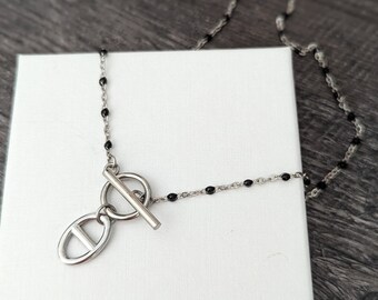 Collier ras de cou chaîne acier inoxydable argent et perle noire - collier pendentif anneau maille marine - bijou femme