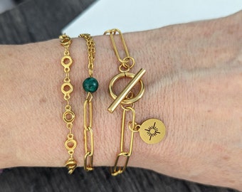 Women's bracelet to stack gold stainless steel, malachite bead, north star charm, personalized gift, women's jewelry