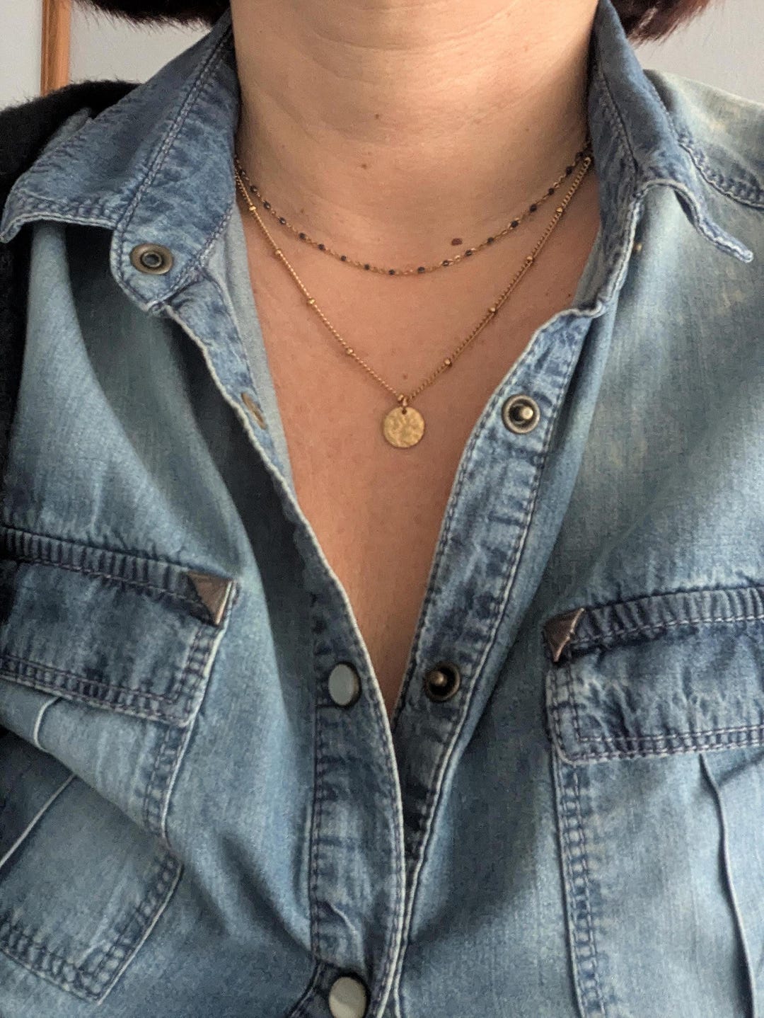 Collier femme double rang acier inoxydable doré chaine perle émaillé ...