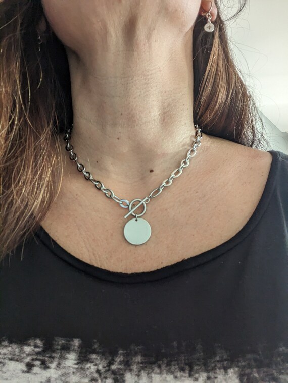 Silver Stainless Steel Chain Toggle Necklace Large Oval Link