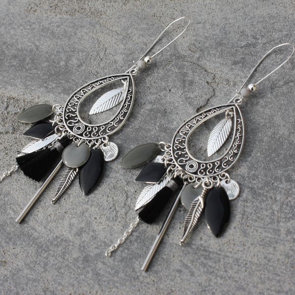 Bohemian earrings sleepers silver antique grey and black feathers sequins designer unique handmade jewelry tassels