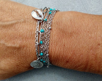Multi-row bracelet turquoise and silver stainless steel, enamelled chain, charms shell cauri leaf