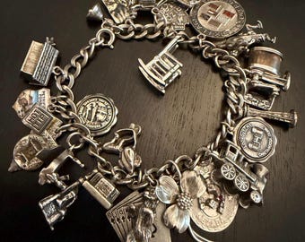 Vintage Sterling Silver Charm Bracelet 925 Six Flags Lookout Mt Mechanical Lot 22pc