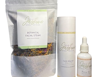 FACIAL CARE SET Facial Steam | Exfoliating Face Polish |  Facial Oil | Beauty Oil | Rejuvenating Face Serum | Gifts for Her | Self Care