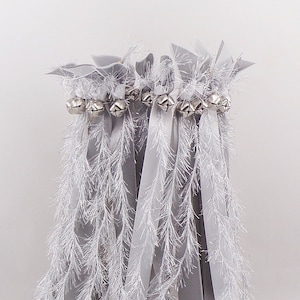50 wedding wands white and gray with silver frayed and bells ribbon send off