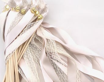 50 wedding ribbon wands taupe and blush with lace with bells send off exit streamers