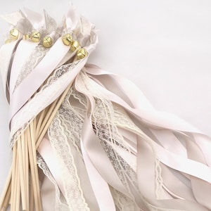 50 wedding ribbon wands taupe and blush with lace with bells send off exit streamers