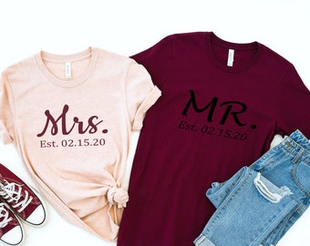 Couples shirts Mr. and Mrs. shirts engagement t-shirts, bride and groom shirts, honeymoon, peach and maroon burgundy wedding