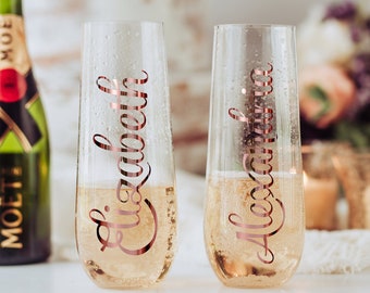 Bridesmaid champagne glasses personalized bridal party gifts stemless champagne glass personalized gift