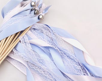 75 wedding wands blue and blush pink with lace with bells send off streamers