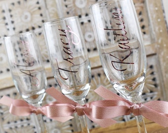 Bridesmaid champagne glasses personalized bridal party gifts rose gold