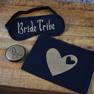 Bachelorette party set bride tribe, sleep mask, makeup bag, compact mirror wedding party gift set black and gold