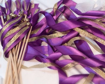 150 wedding ribbon wands purple and gold metallic ribbon with bells wedding send off streamers