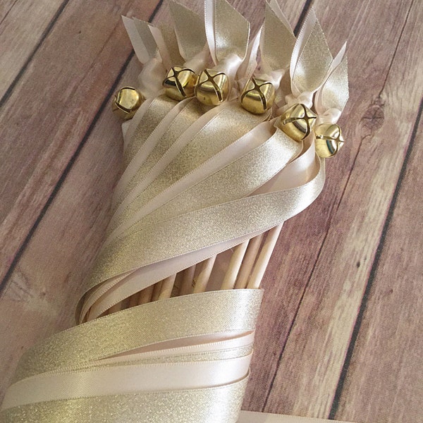 75 shimmering Wedding ribbon wands gold and nude ribbon and bell send off ribbon