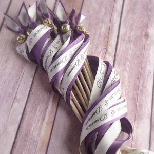 100 personalized ribbon wand send off amethyst purple and Ivory with bells