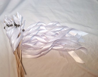 50 wedding wands white with lace silver bells