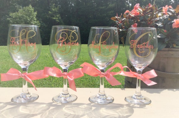 Bridesmaid Wine Glasses Bridal Party Gift Set Personalized Wedding Wine Glasses Etsy