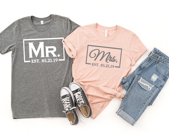 Mr. and Mrs. shirts Bride and Groom t-shirts, bride and groom shirts, honeymoon, gray and peach wedding, newlywed photo op tshirts