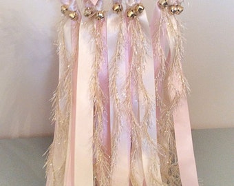 150 wedding wands light pink and ivory with gold frayed ribbon wedding send off ribbon streamers with bell