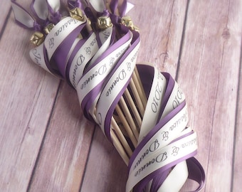 75 Wedding wands personalized ribbon amethyst purple and ivory with bells