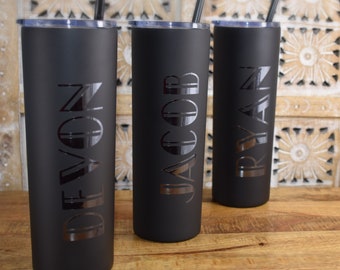 Personalized Groomsman steel tumbler custom cups with straws insulated black matte and chrome wedding tumblers