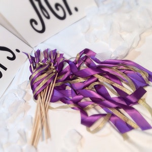 100 wedding wands purple and gold metallic with bells
