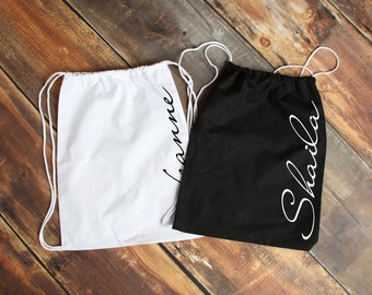 Drawstring tote bags bridal party bachelorette white and black cinch carrying tote bags bridesmaid gifts