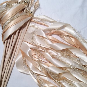 100 Wedding ribbon wands ivory and toffee with metallic gold frayed ribbon and bell send off ribbon
