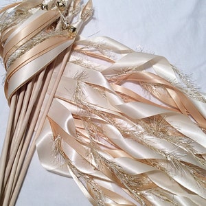 75 Wedding ribbon wands ivory and toffee with metallic gold frayed ribbon and bell send off ribbon
