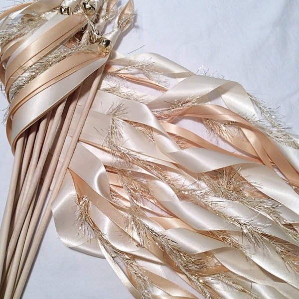 75 Wedding ribbon wands ivory and toffee with metallic gold frayed ribbon and bell send off ribbon
