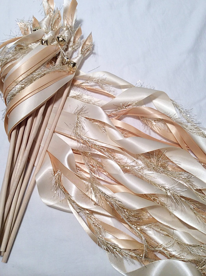 100 Wedding ribbon wands ivory and toffee with metallic gold frayed ribbon and bell send off ribbon