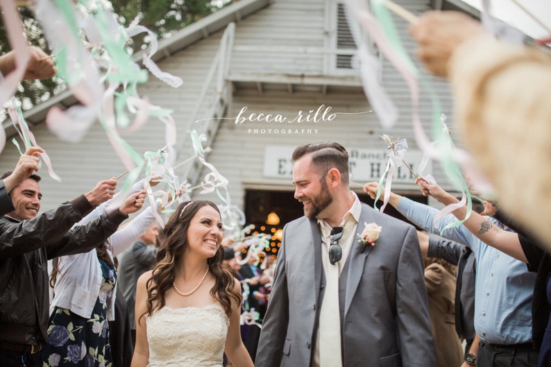 100 Wedding ribbon wands ivory and toffee with metallic gold frayed ribbon and bell send off ribbon