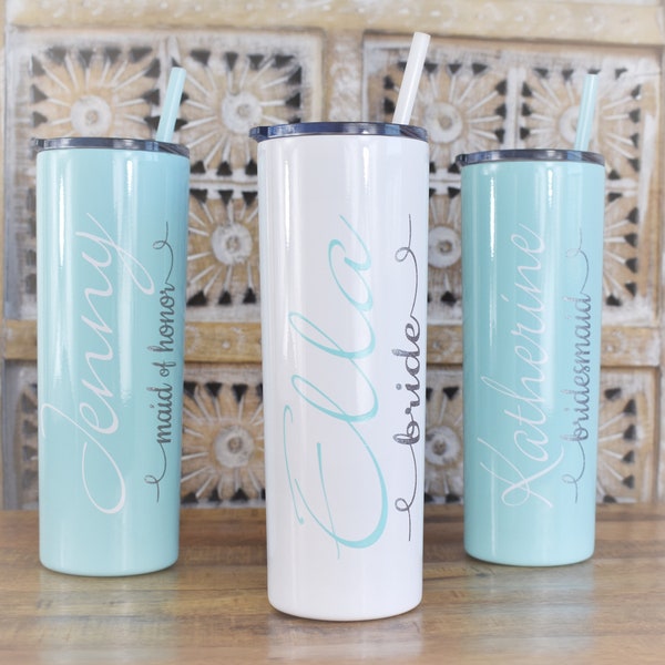 Personalized Bridesmaid tumbler custom cups with straws insulated aqua robins egg blue wedding tumblers