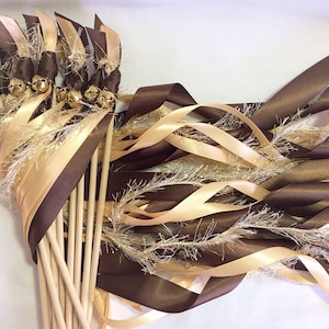 150 Wedding wands brown toffee and gold frayed ribbon streamers with bells send off ribbon you choose colors