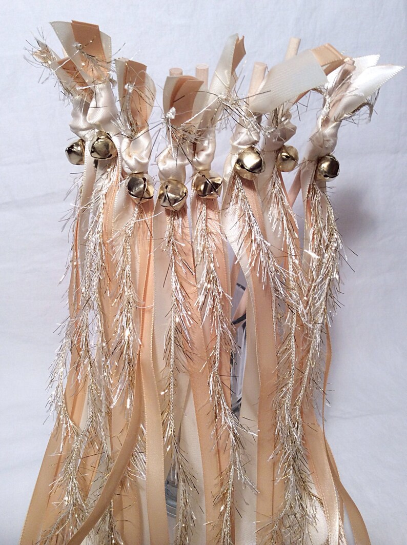 100 Wedding ribbon wands ivory and toffee with metallic gold frayed ribbon and bell send off ribbon