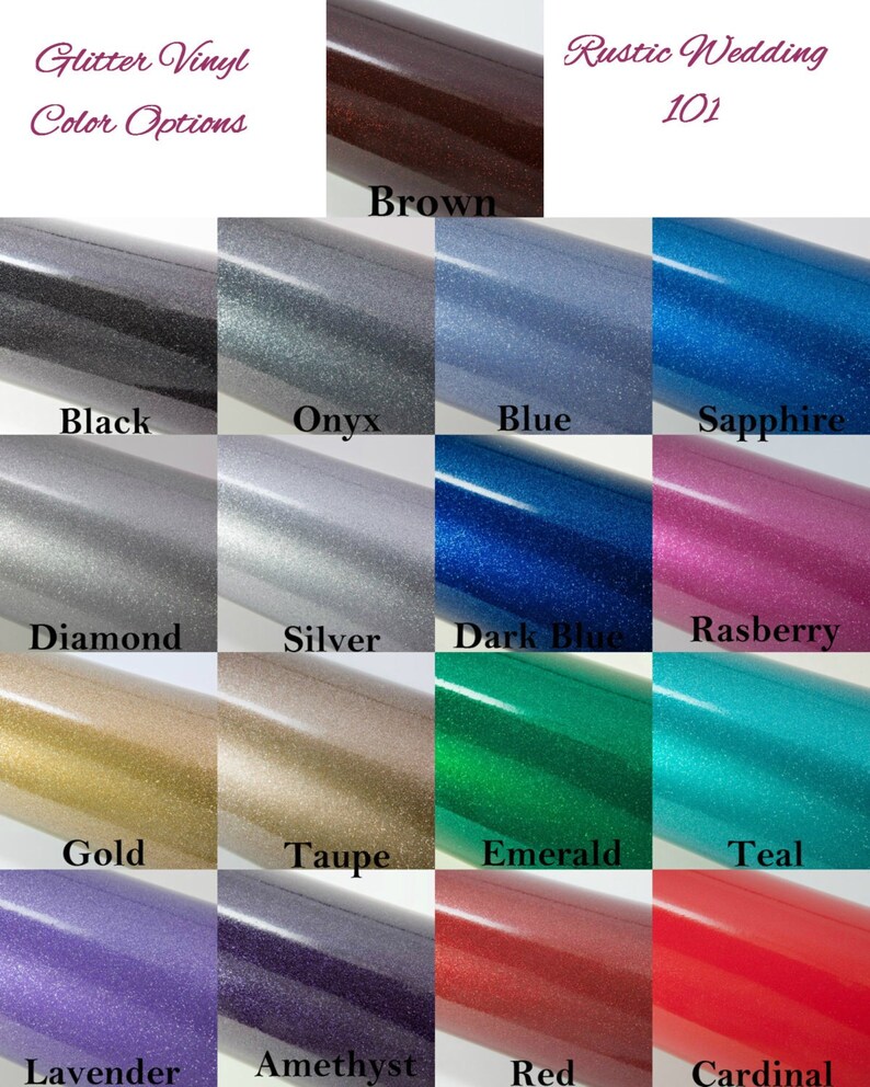 Puede incluir: Una tabla de colores de vinilo con purpurina para proyectos de manualidades. Los colores incluyen negro, &oacute;nix, azul, zafiro, diamante, plata, azul oscuro, frambuesa, oro, topo, esmeralda, turquesa, lavanda, amatista, rojo y cardenal.