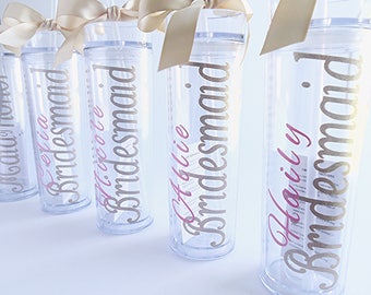 10 Personalized Bridesmaid tumbler gift bridal party acrylic cups with lids