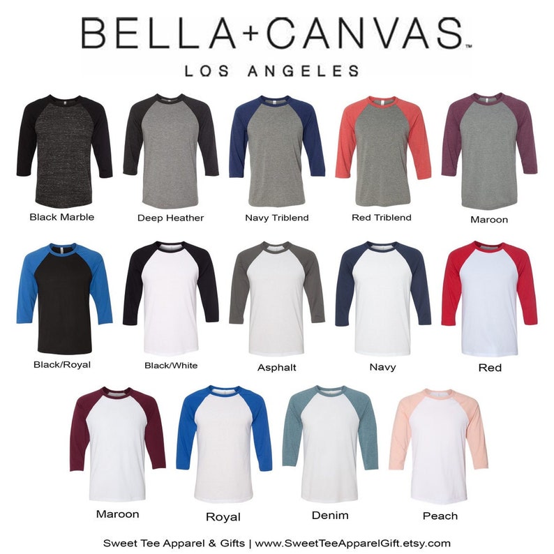 May include: A variety of Bella + Canvas 3001 Unisex Short Sleeve Baseball T-Shirts in different colors. The shirts are made of a soft, comfortable blend of cotton and polyester. The shirts are available in a variety of colors, including black, white, red, blue, gray, and maroon.