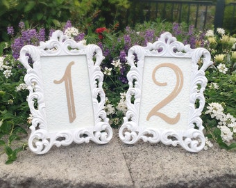 White Table number frames 4 x 6 wedding frames ornate baroque style glitter