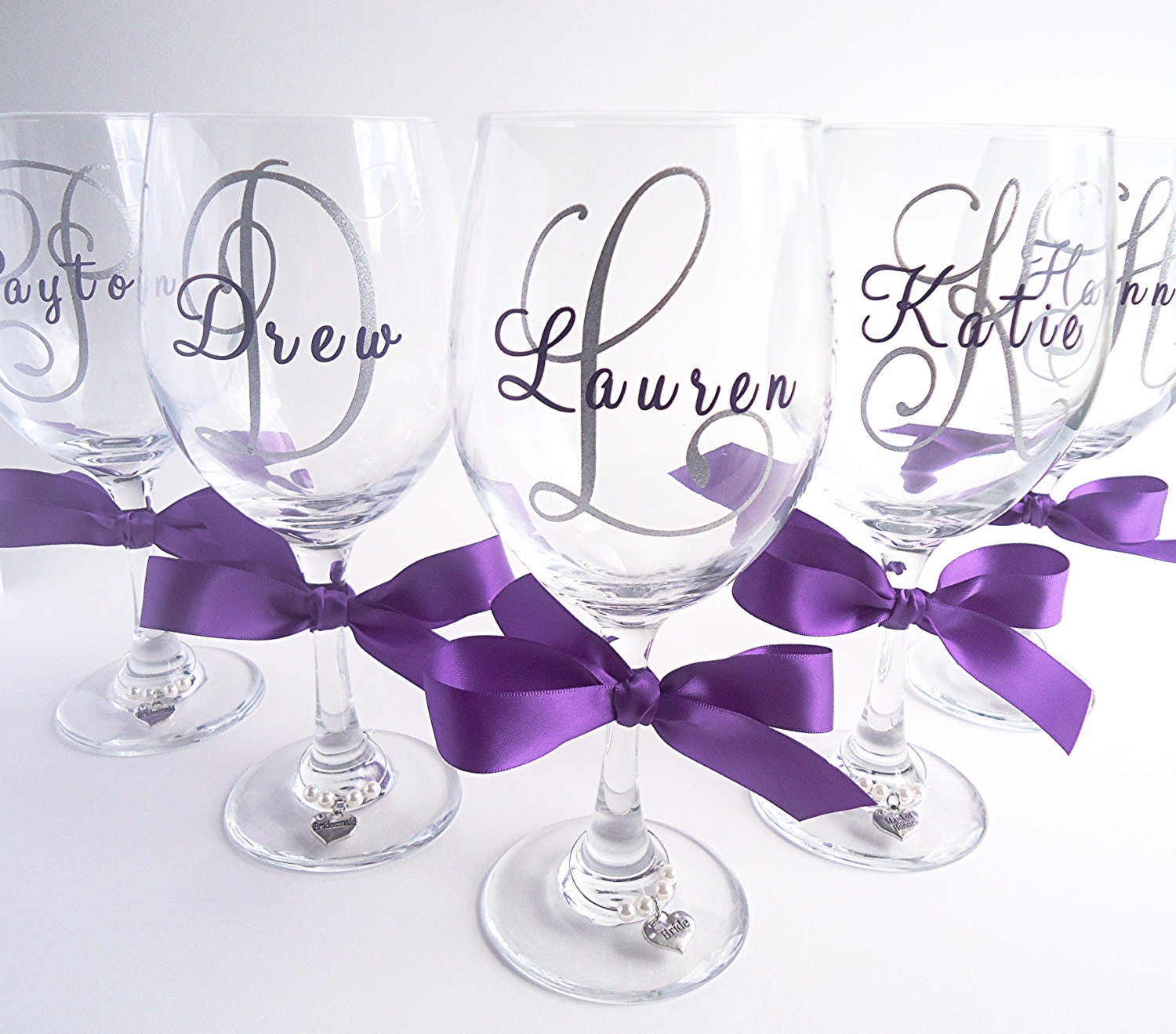 Set of 6 - Custom Engraved Stemless Wine Glasses, Bridal Party